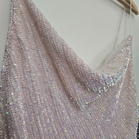 Retrofete Katya Sequin Maxi Dress Size L Dusty Peach Pink Cowl Neck Slit - Picture 12 of 13